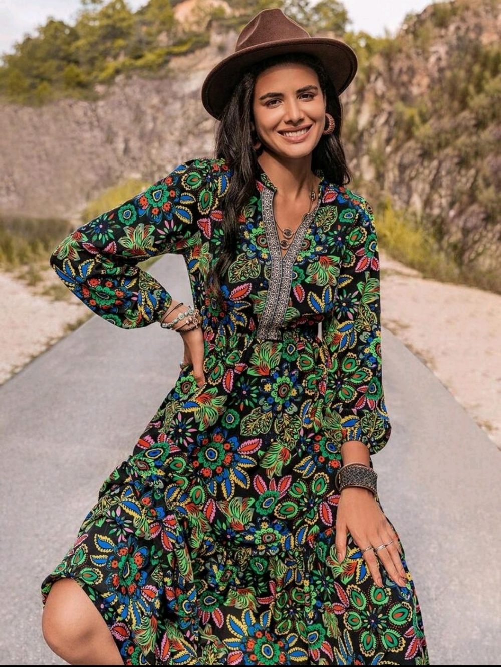 Bohemian Floral Maxi Dress - Black with Multicolor Floral - Picture 9 of 14